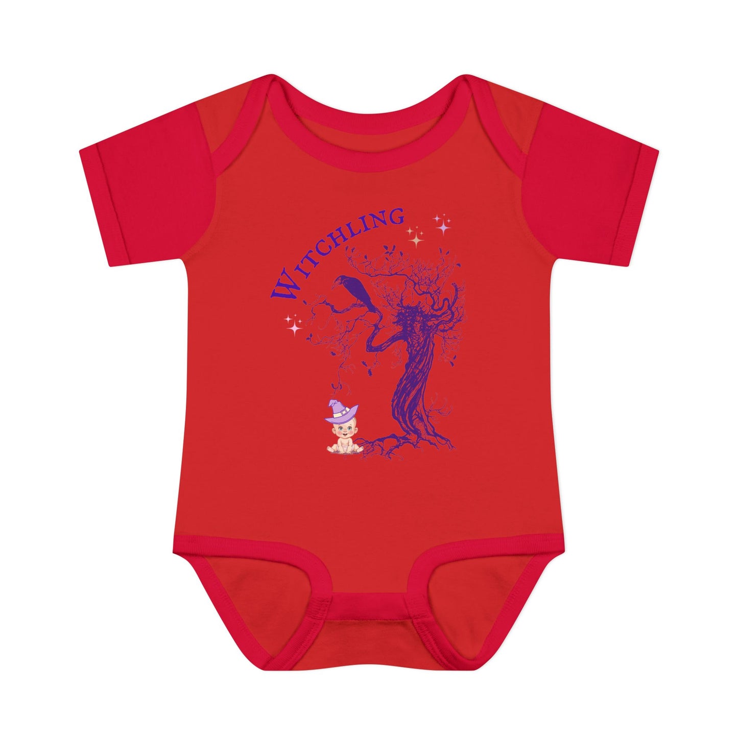 Red baby onesie with a blue graphic and text on a white background