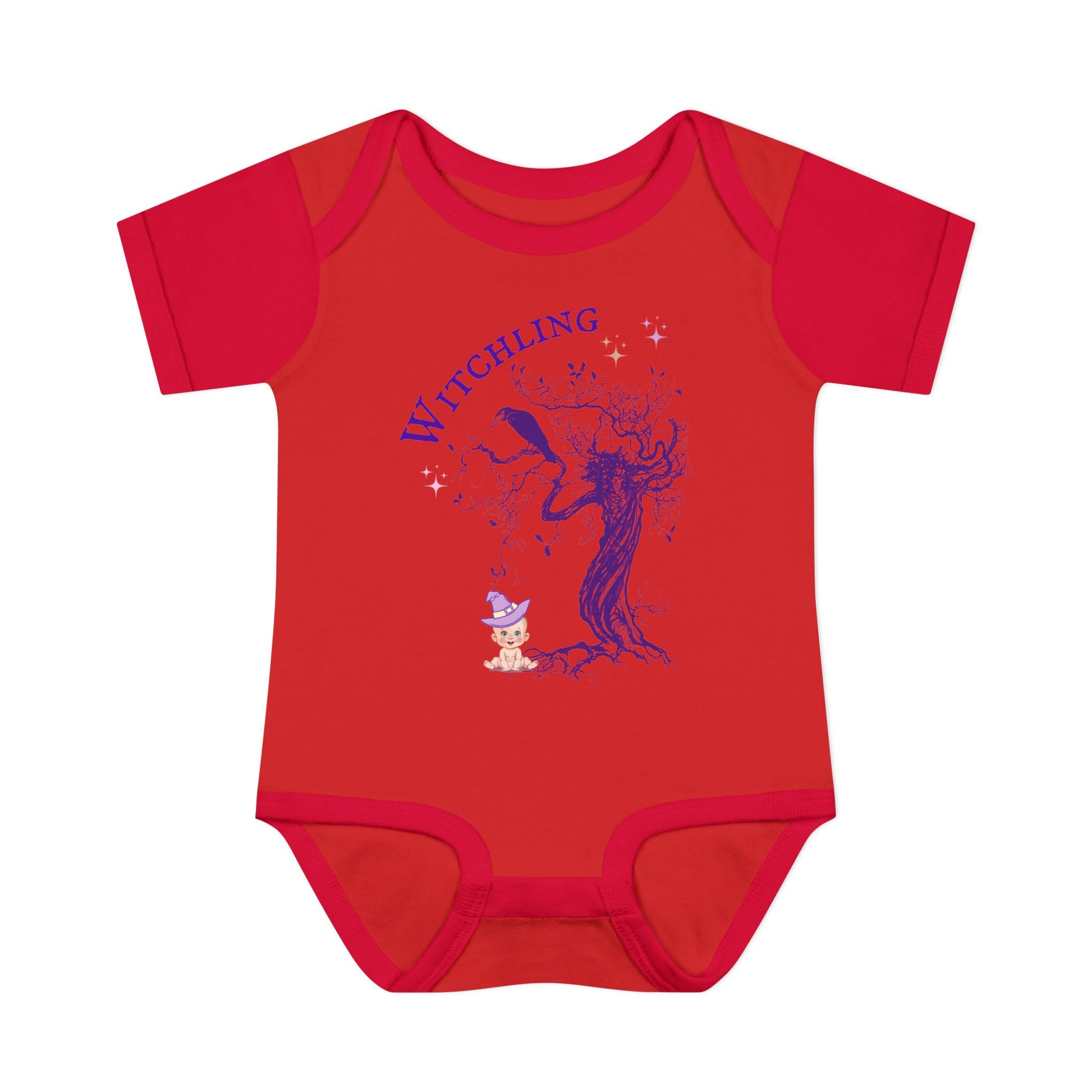 Red baby onesie with a blue graphic and text on a white background