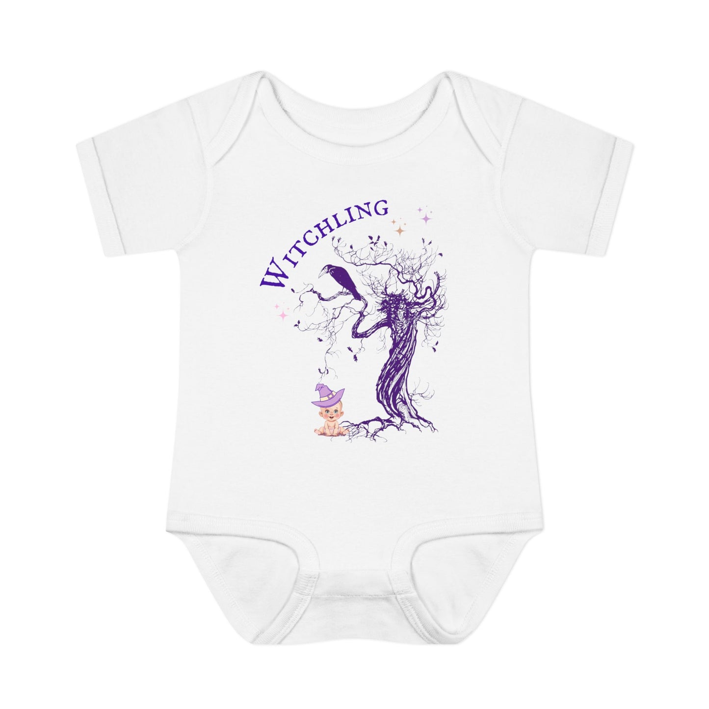 White baby onesie with purple and blue graphic design and 'Witchling' text on a white background