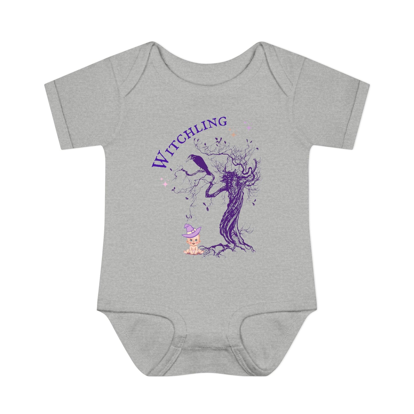 Gray baby onesie with a purple witch graphic and 'Witchling' text on a white background