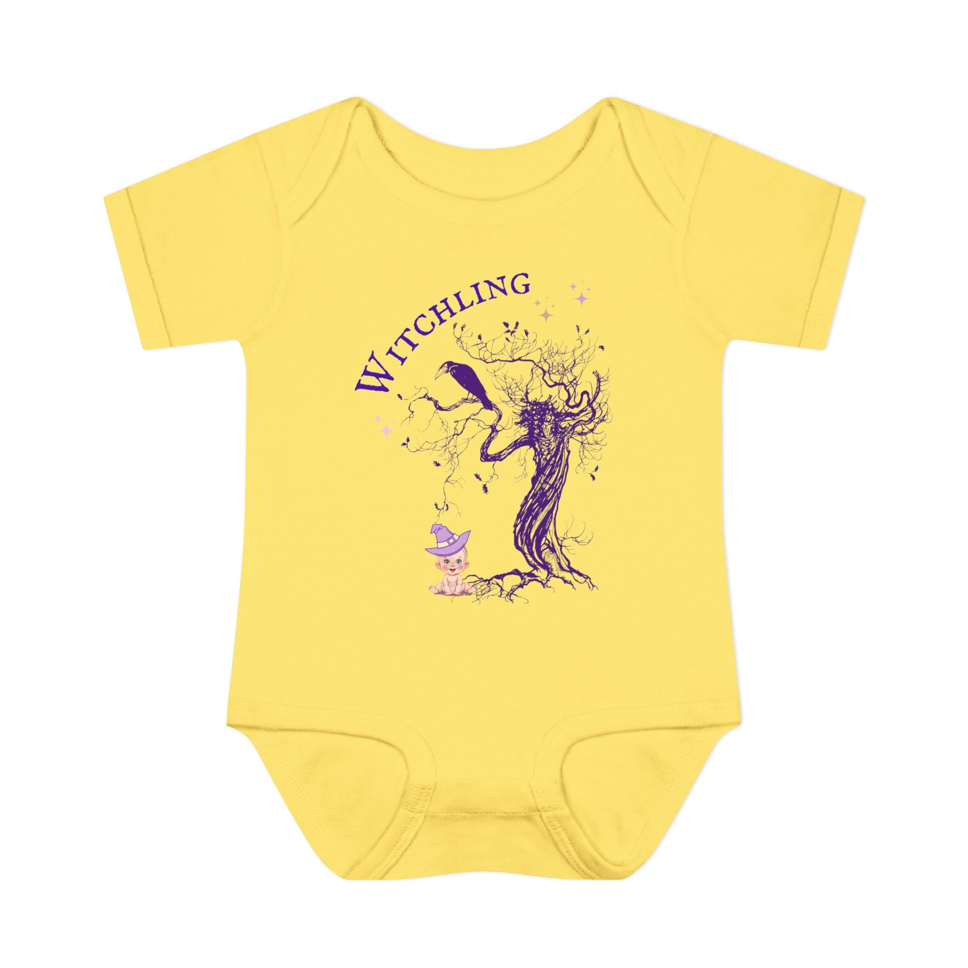 Yellow baby onesie with purple graphic and 'Witchling' text on a white background