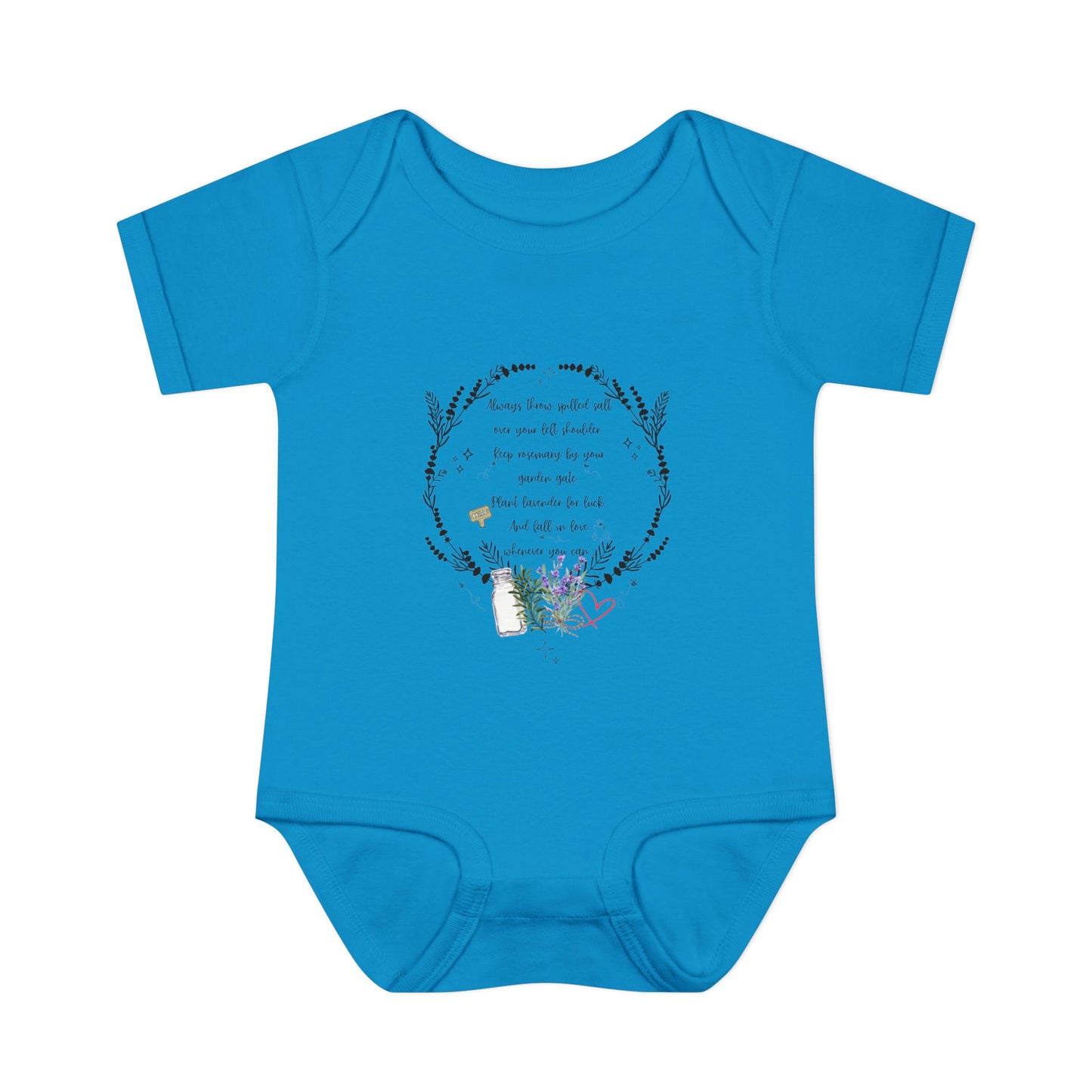 Blue baby onesie with a floral design and text on a white background