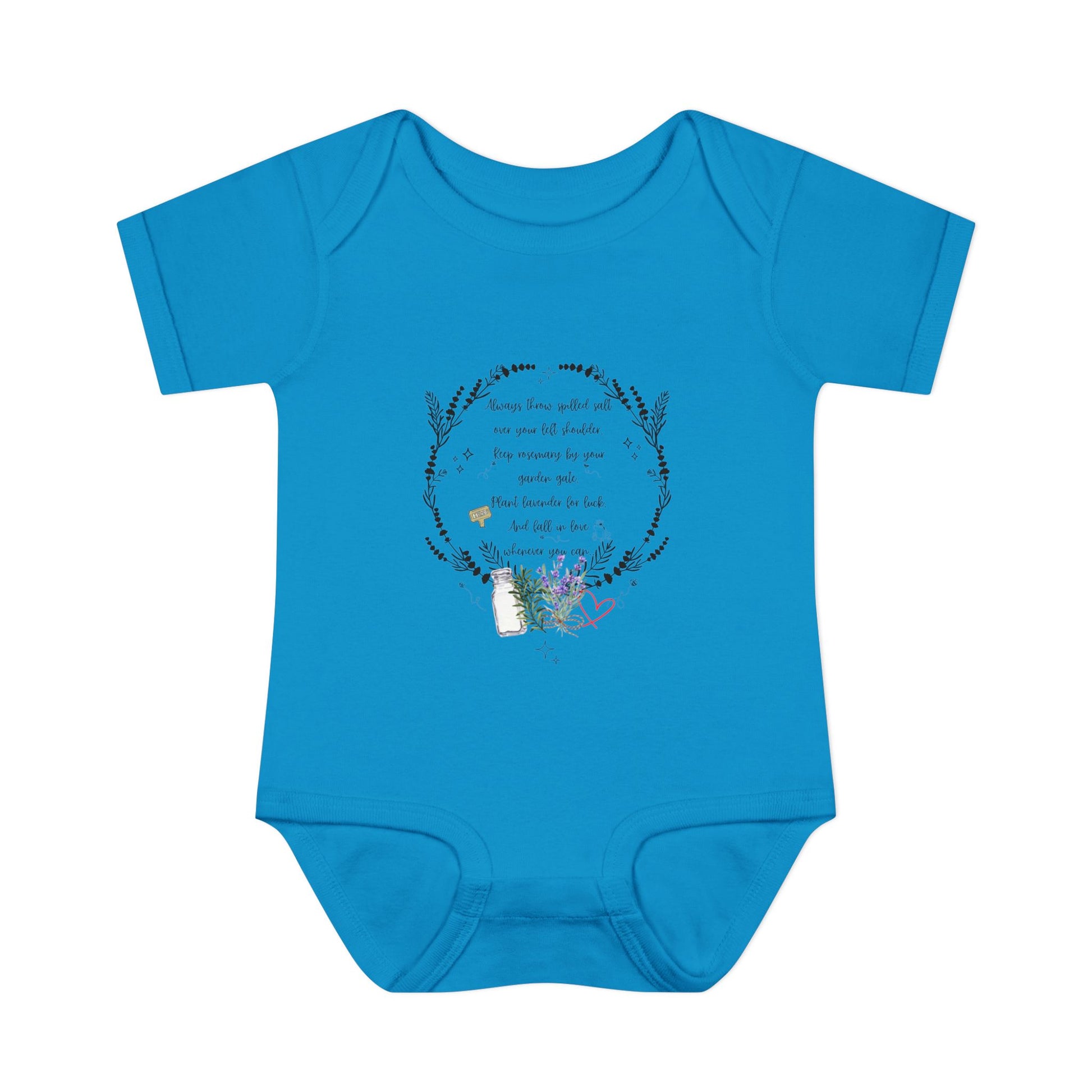 Blue baby onesie with a floral design and text on a white background