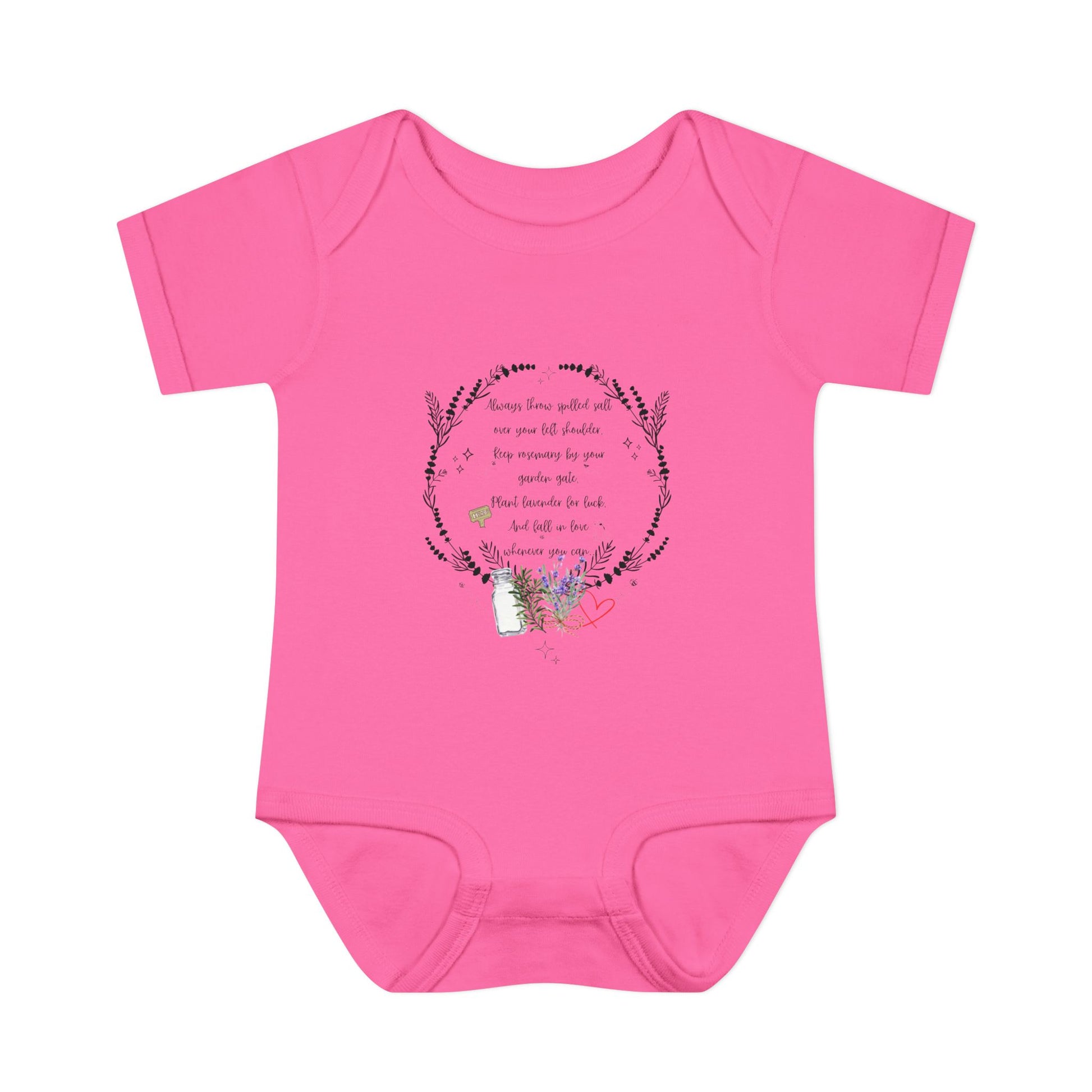 Pink baby onesie with floral design and text on a white background