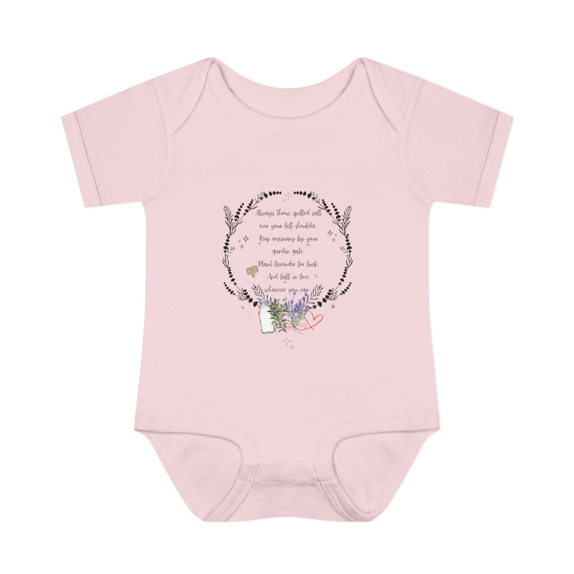 Pink baby onesie with floral design and text on a white background