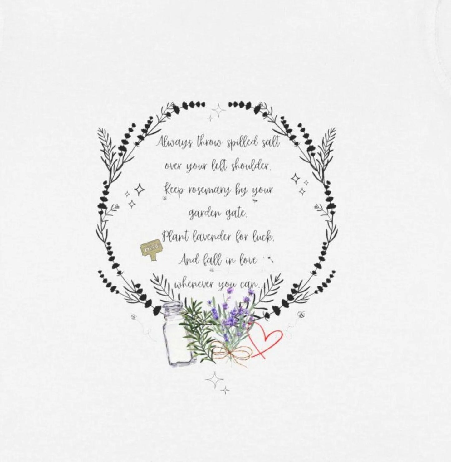 Decorative text with floral wreath and illustrations on a white background
