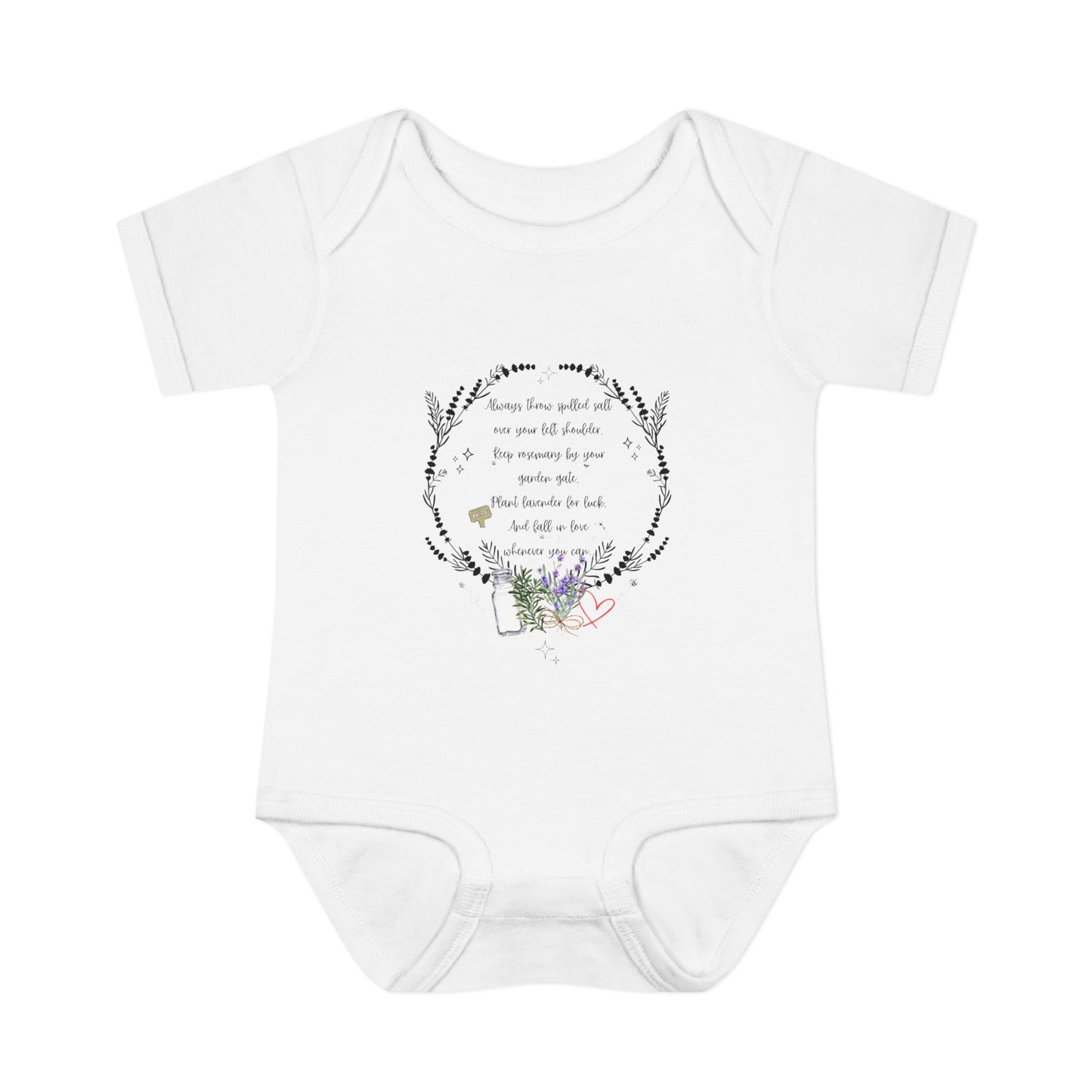 White baby onesie with floral design and text on a white background