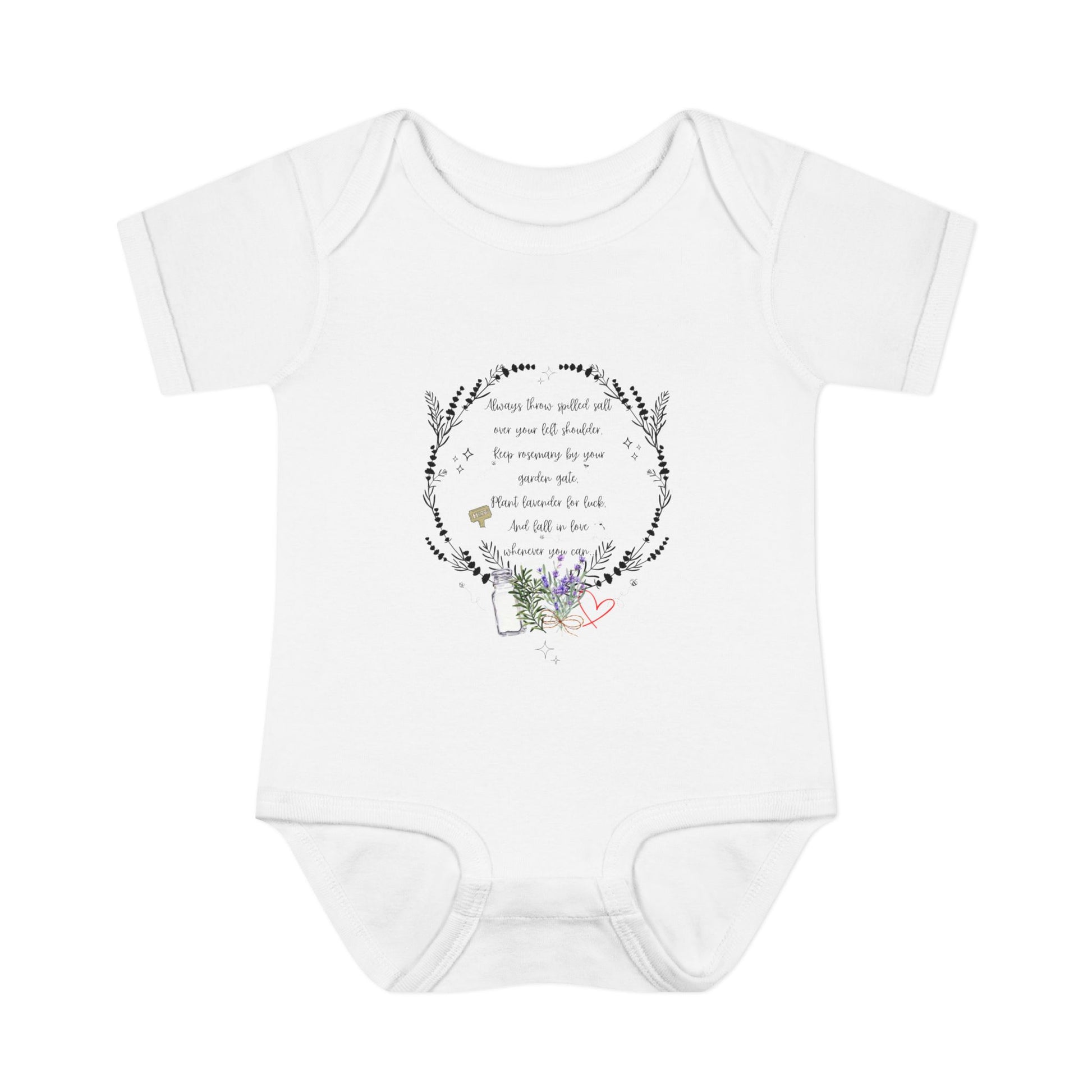 White baby onesie with floral design and text on a white background