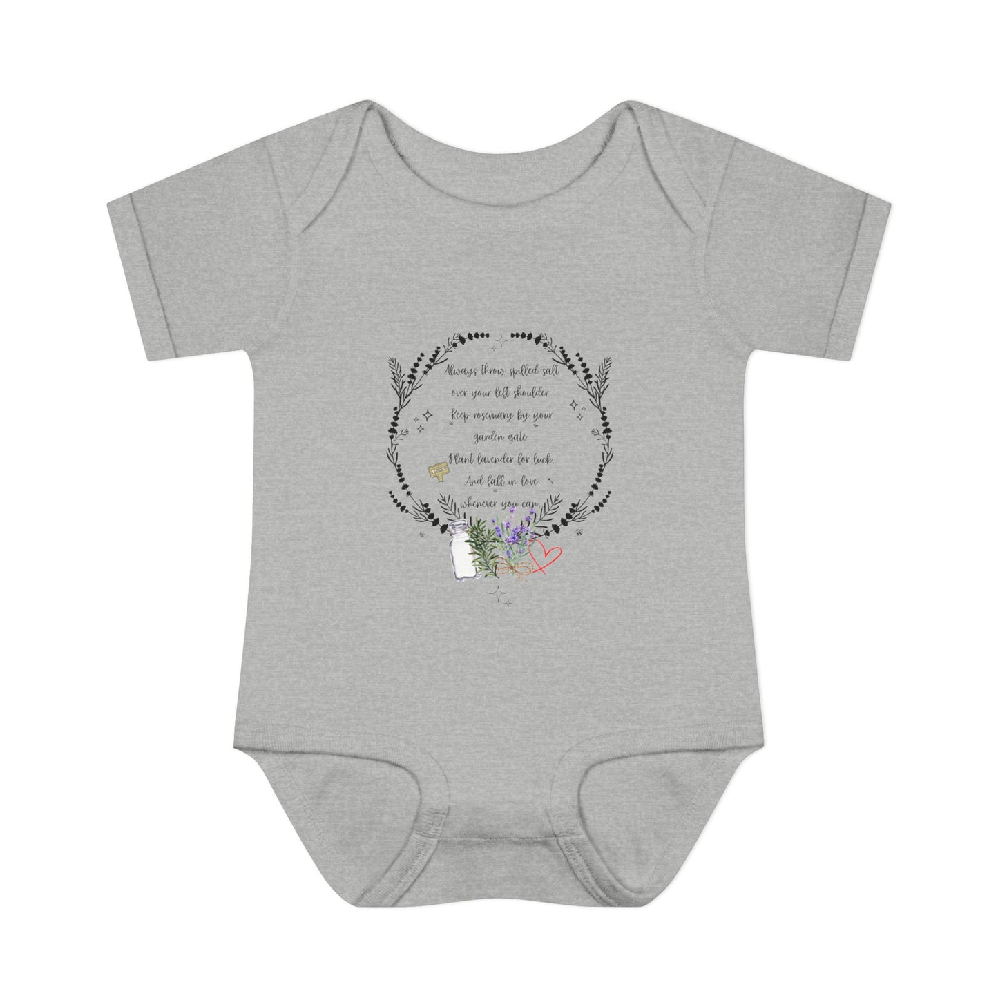 Gray baby onesie with floral design and text on a white background