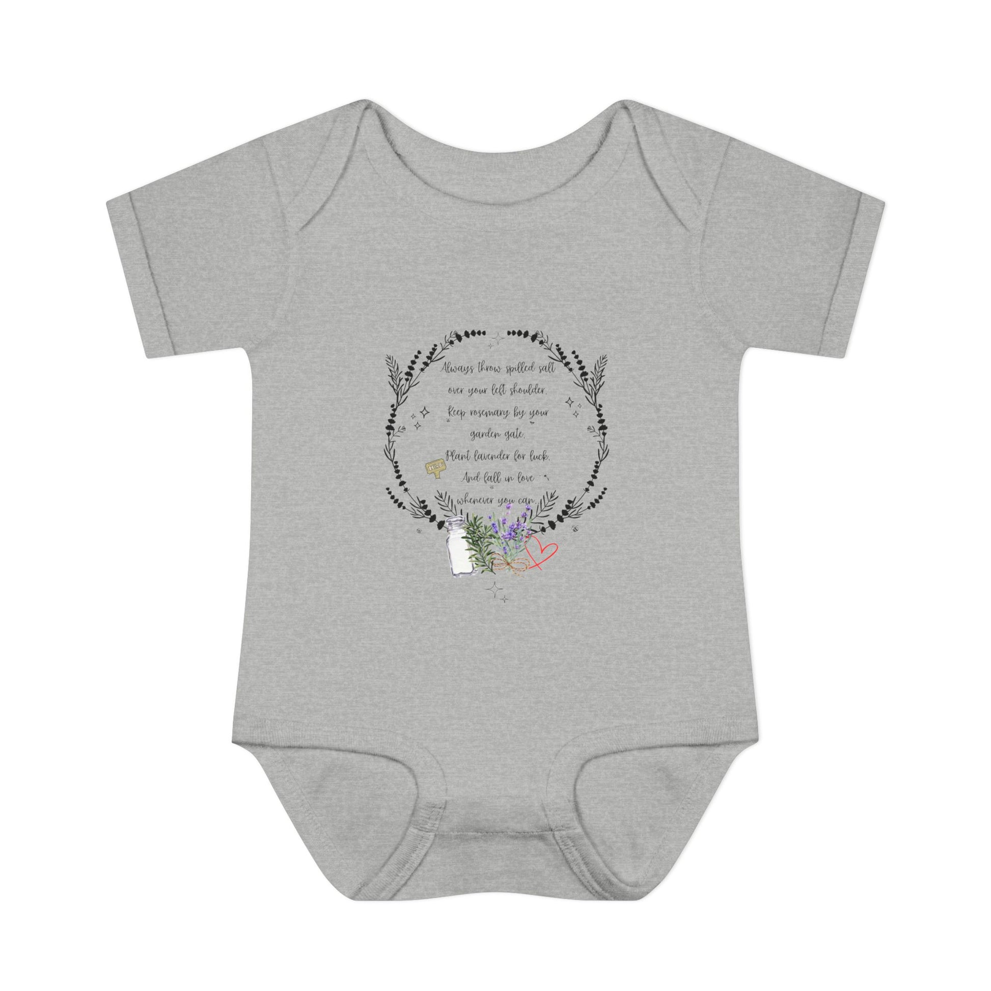 Gray baby onesie with floral design and text on a white background