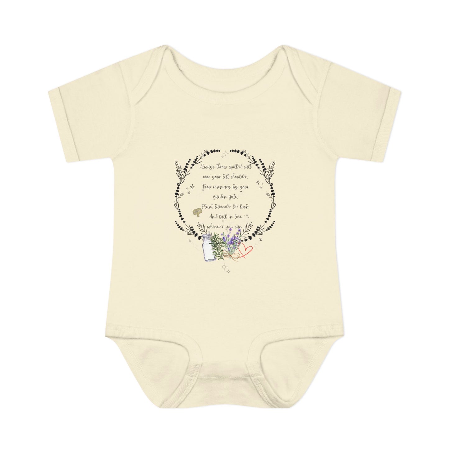 Beige baby onesie with floral design and text on a white background