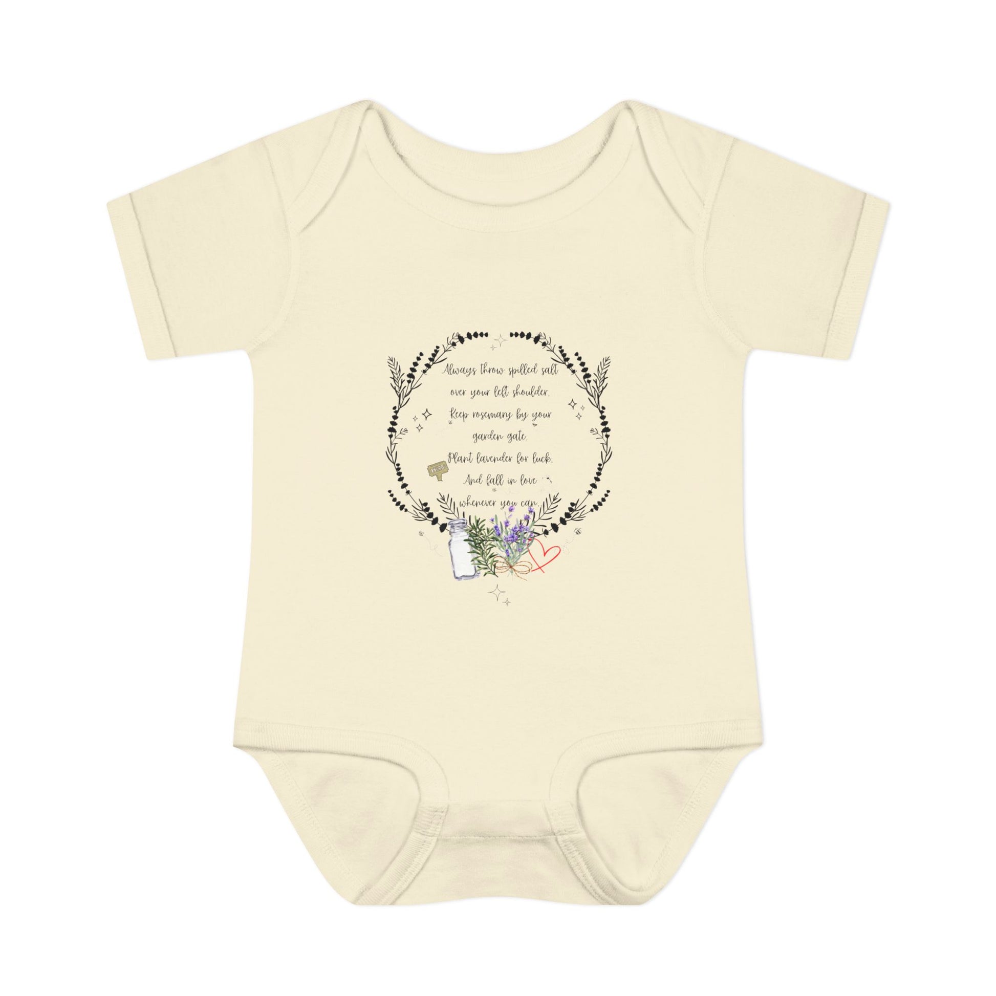 Beige baby onesie with floral design and text on a white background