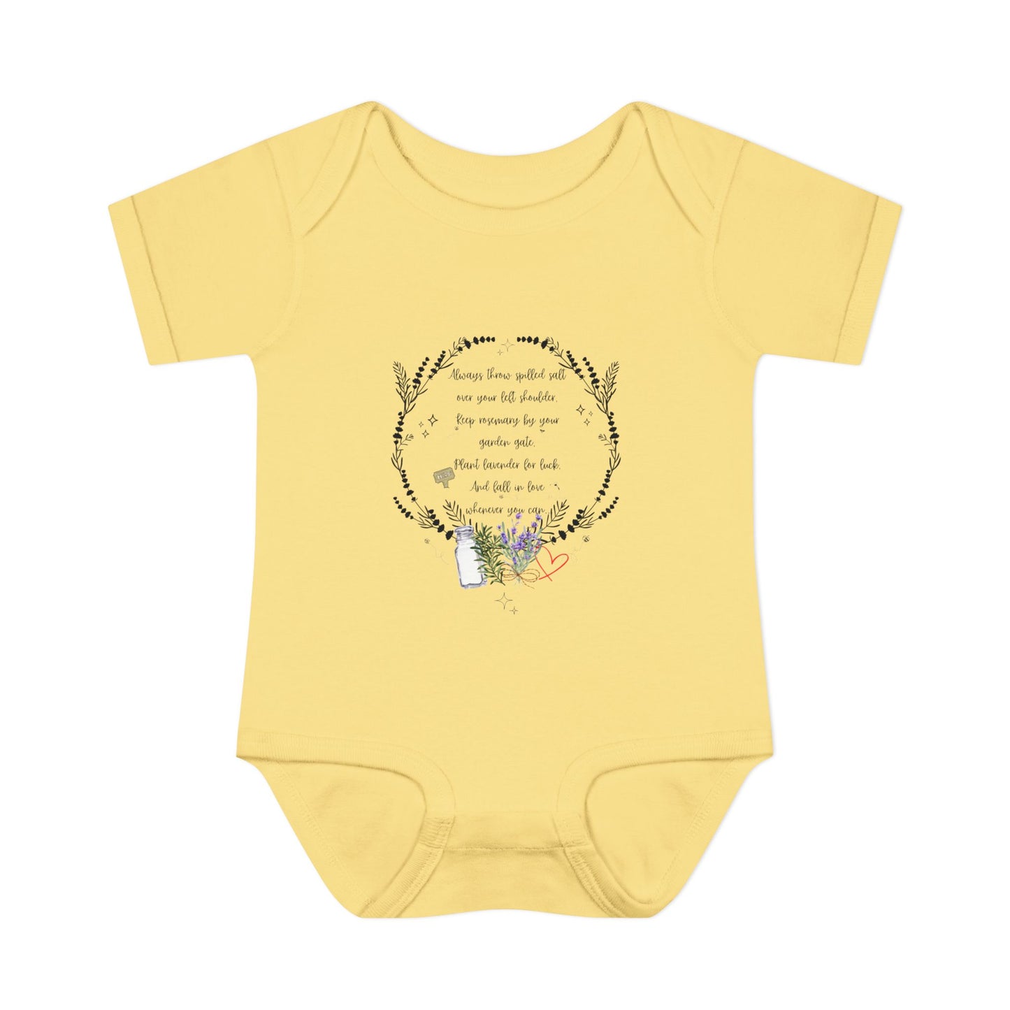 Yellow baby onesie with floral design and text on a white background