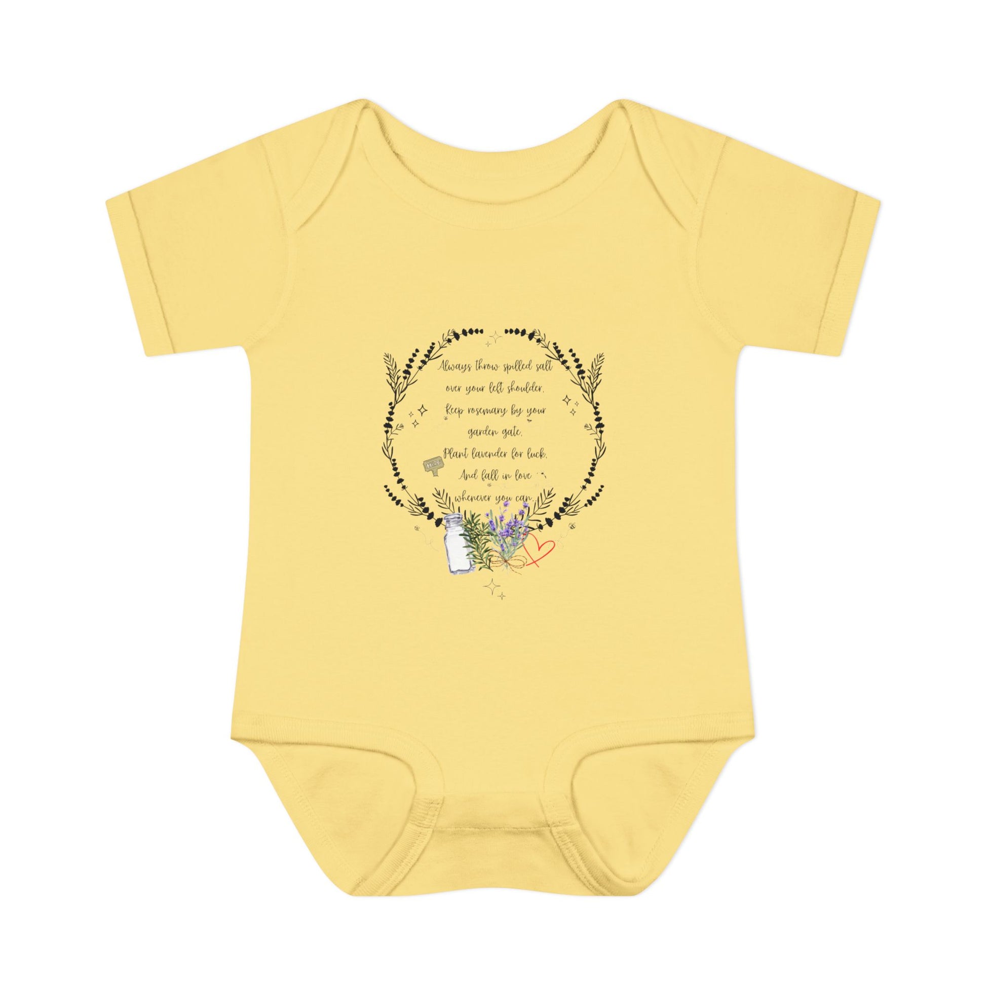 Yellow baby onesie with floral design and text on a white background