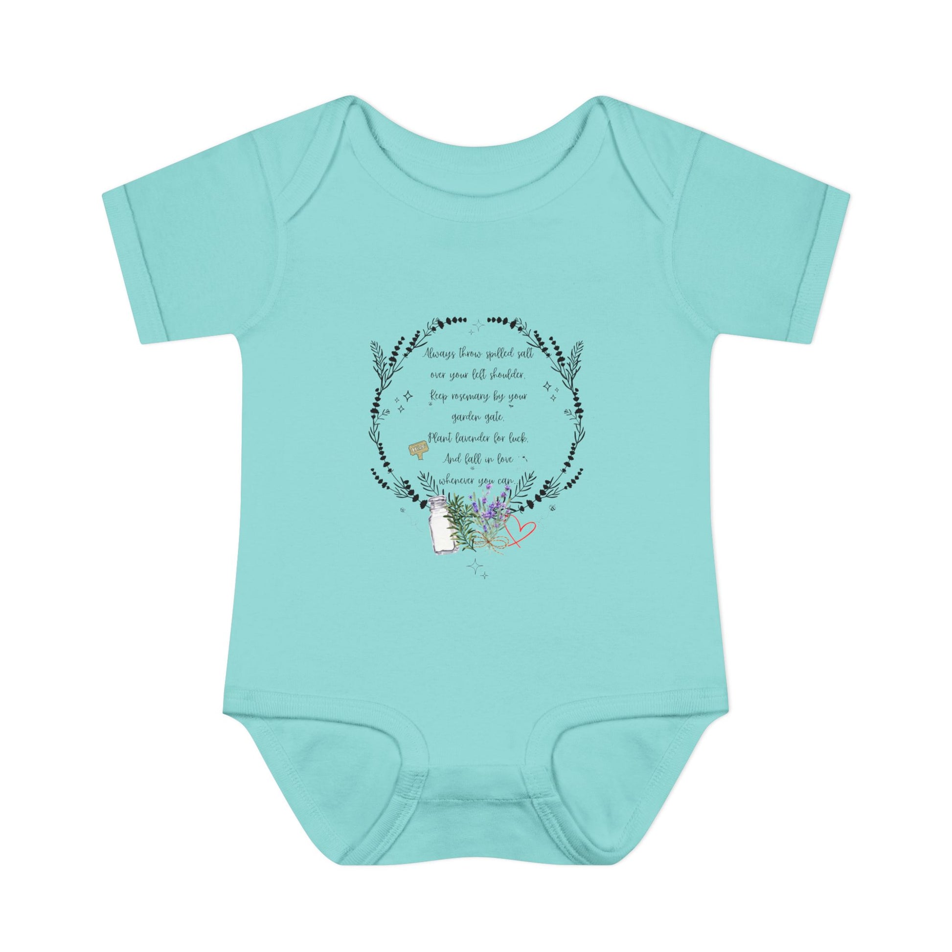 Mint green baby onesie with floral design and text on a white background