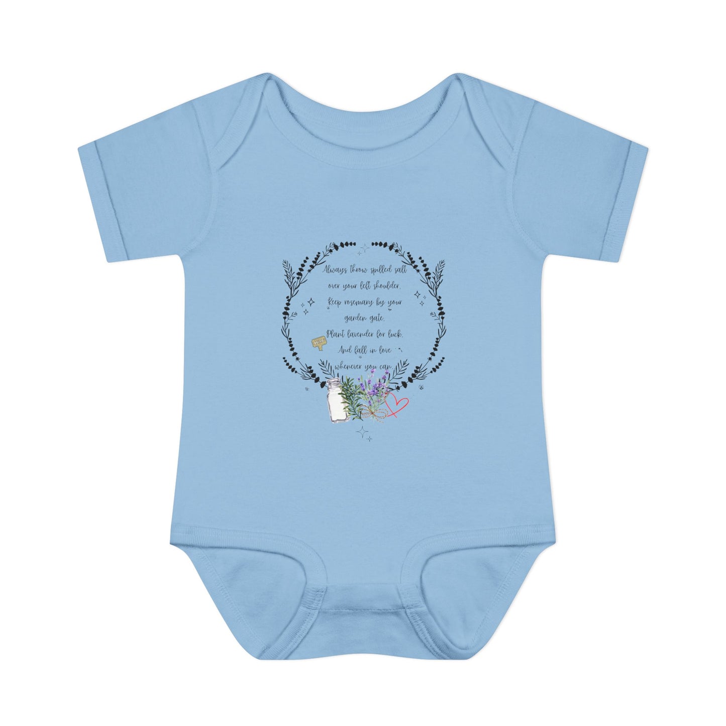 Light blue baby onesie with floral design and text on a white background