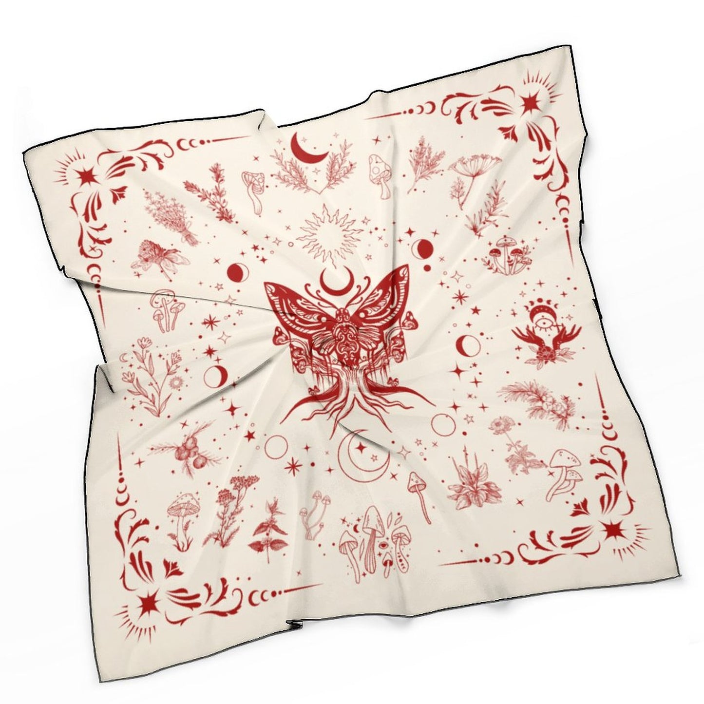 Witchy Herbs in Red Lunamoth Women's Scarf, Witchcore whimsical herbs 