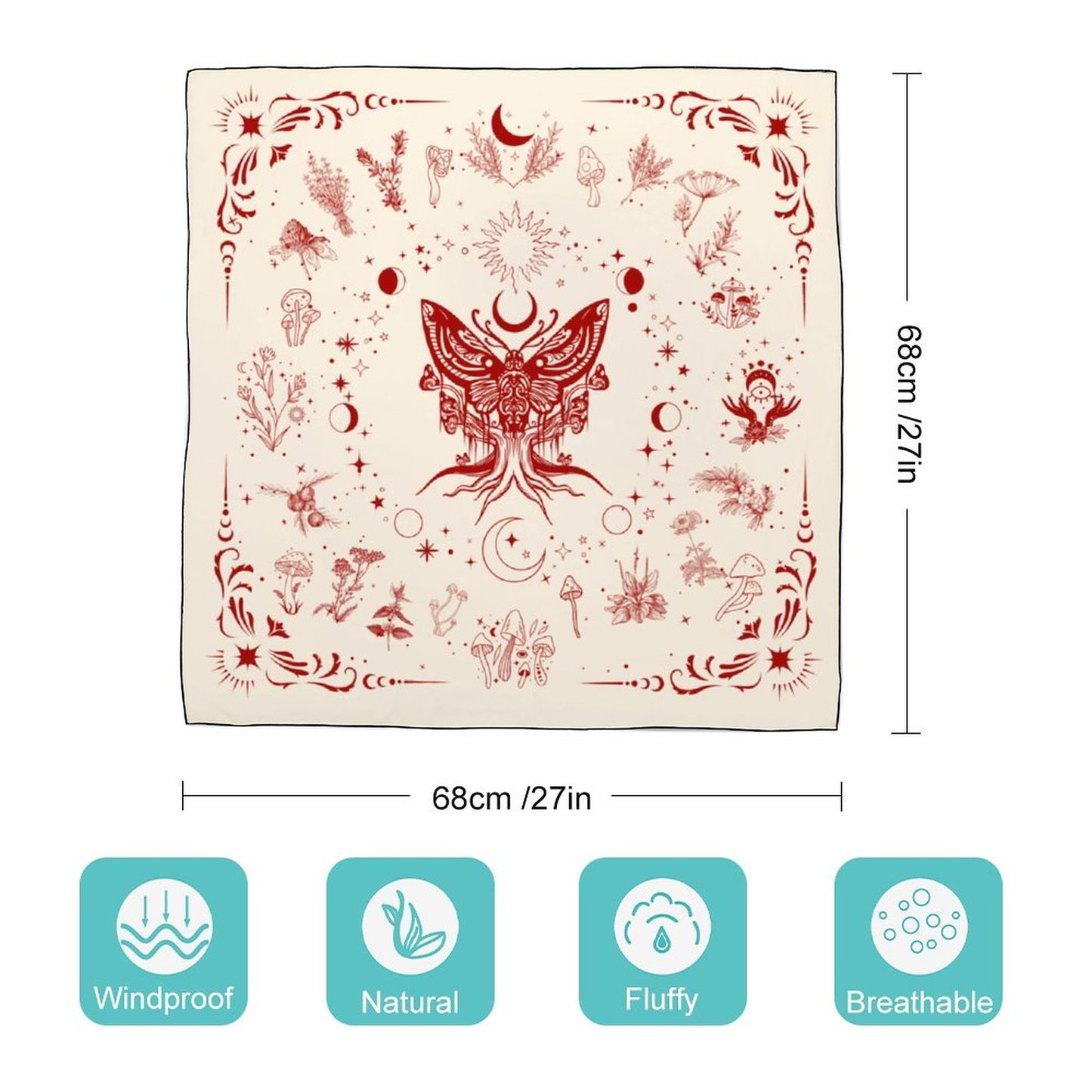 Witchy Herbs in Red Lunamoth Women's Scarf, Witchcore whimsical herbs 