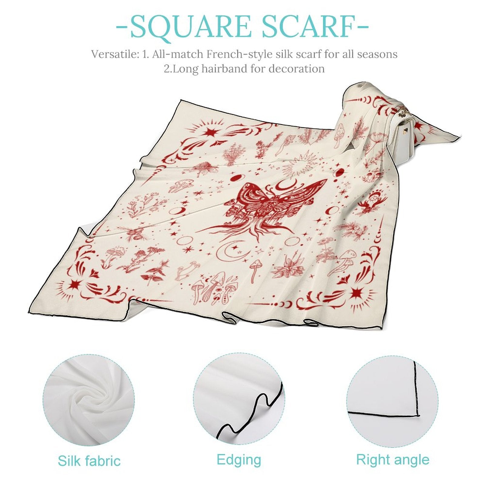 Witchy Herbs in Red Lunamoth Women's Scarf, Witchcore whimsical herbs 