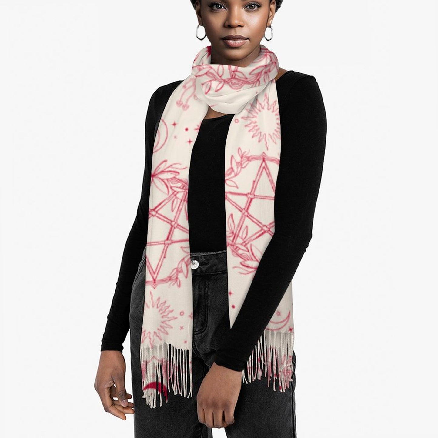 Witchy Red Herb Pentagram Tassel Scarf, conjuring kitchen magic with a splash of red! Featuring quirky herbs in a whimsical illustration