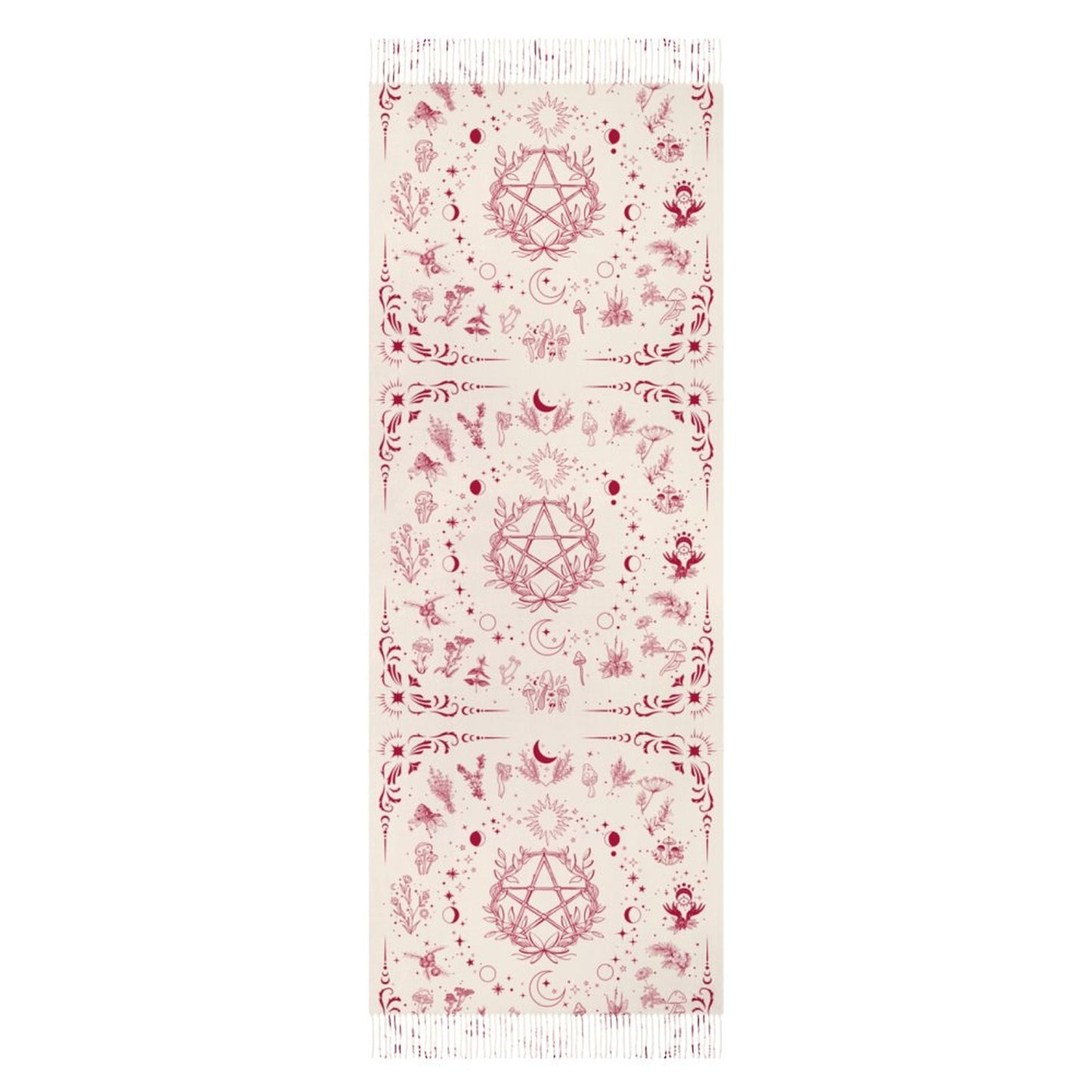 Witchy Red Herb Pentagram Tassel Scarf, conjuring kitchen magic with a splash of red! Featuring quirky herbs in a whimsical illustration