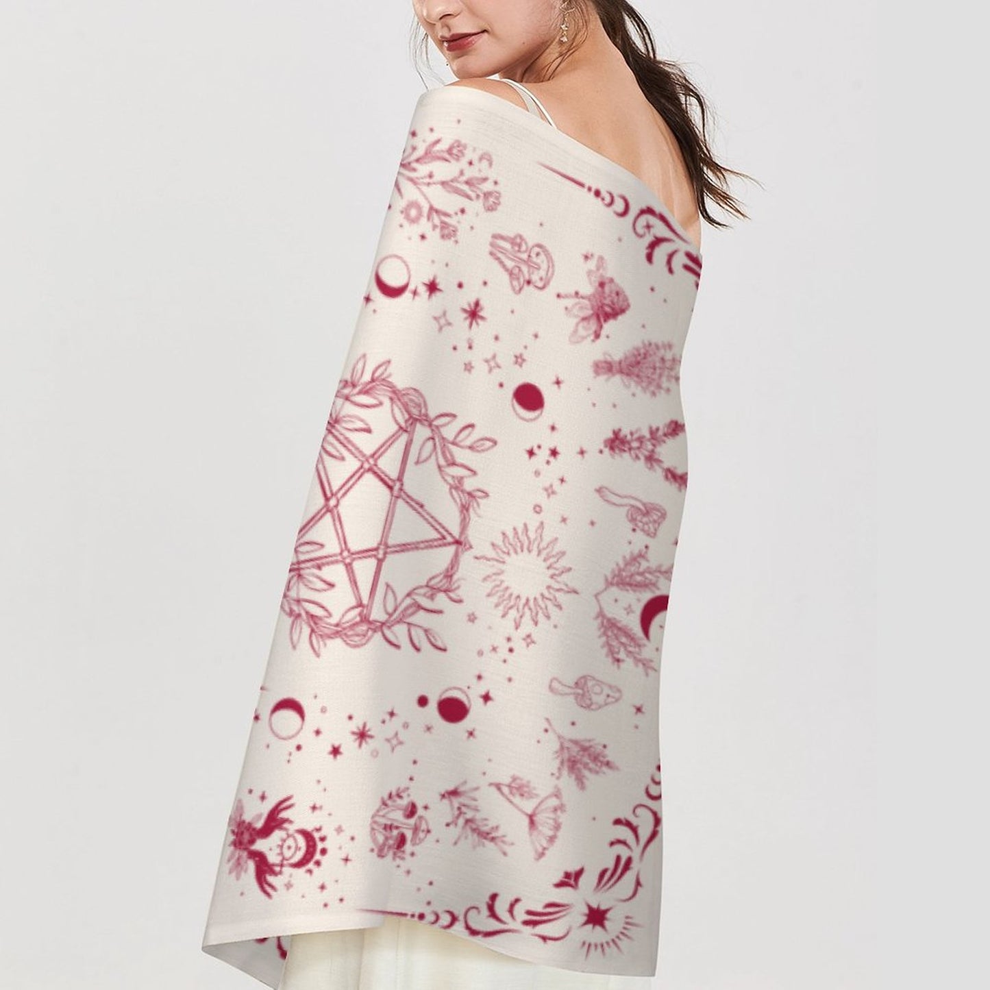 Witchy Red Herb Pentagram Tassel Scarf, conjuring kitchen magic with a splash of red! Featuring quirky herbs in a whimsical illustration