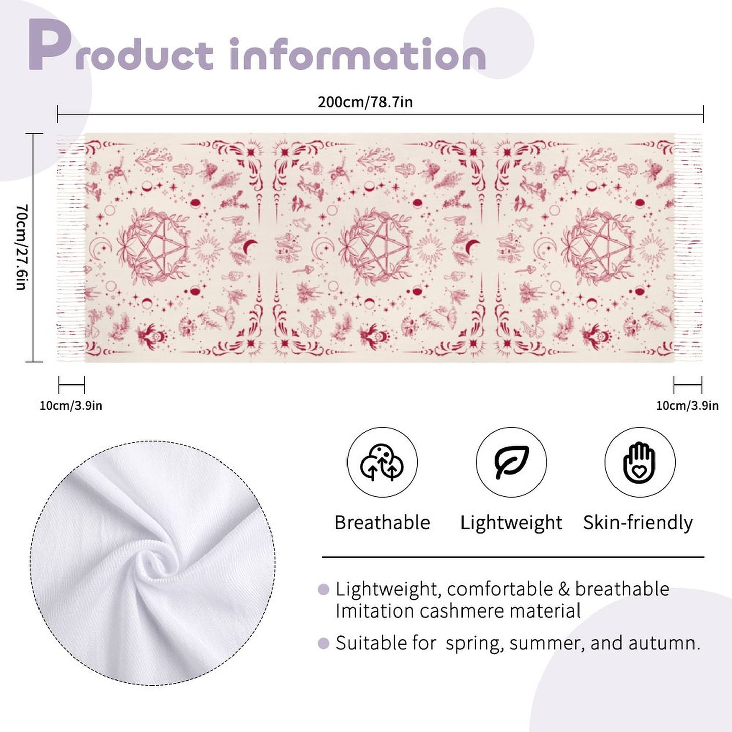 Witchy Red Herb Pentagram Tassel Scarf, conjuring kitchen magic with a splash of red! Featuring quirky herbs in a whimsical illustration