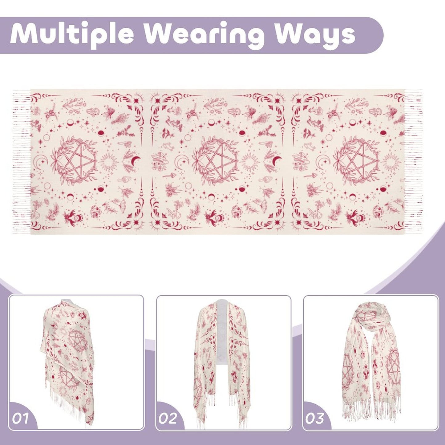 Witchy Red Herb Pentagram Tassel Scarf, conjuring kitchen magic with a splash of red! Featuring quirky herbs in a whimsical illustration