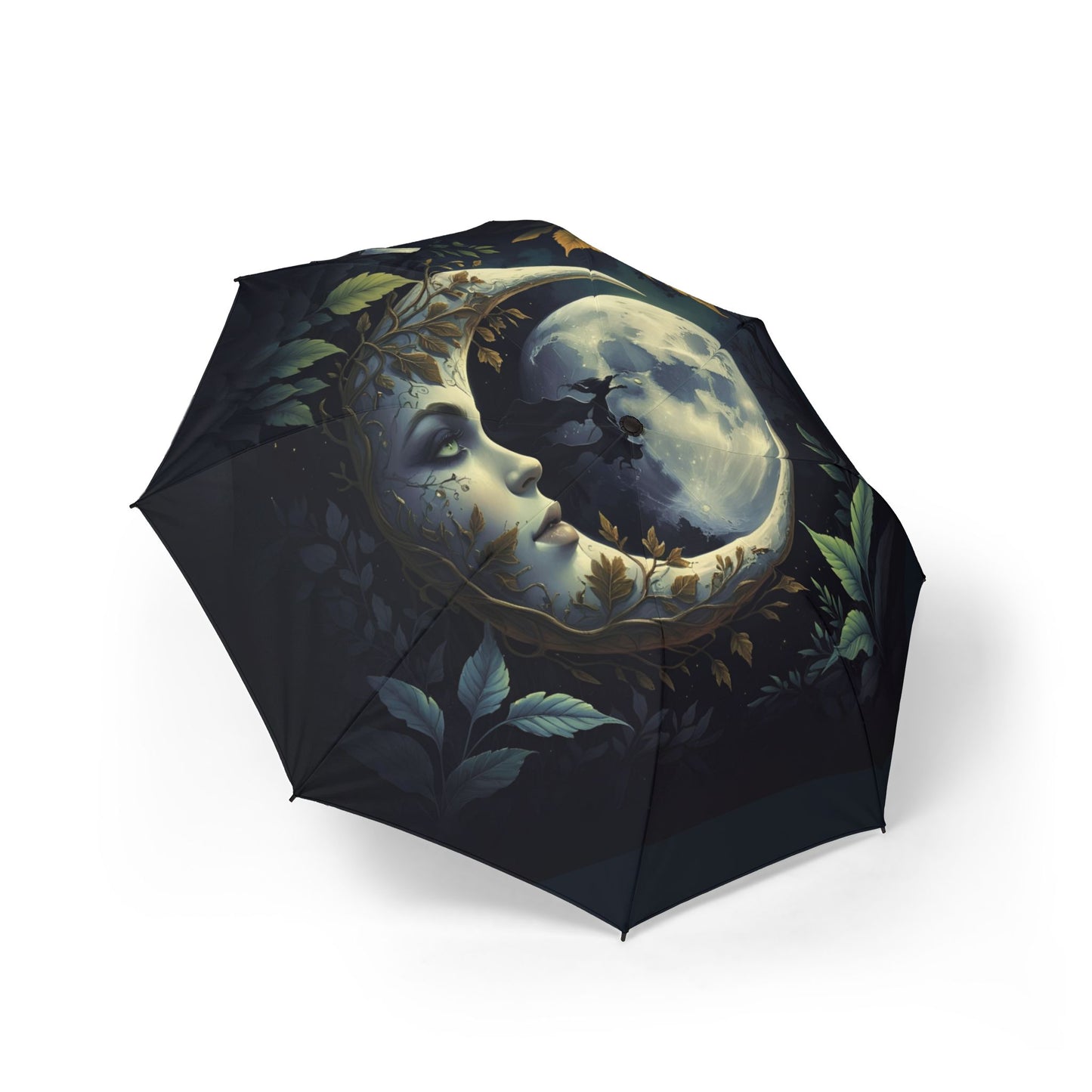 Umbrella with moon and leaves design on a white background