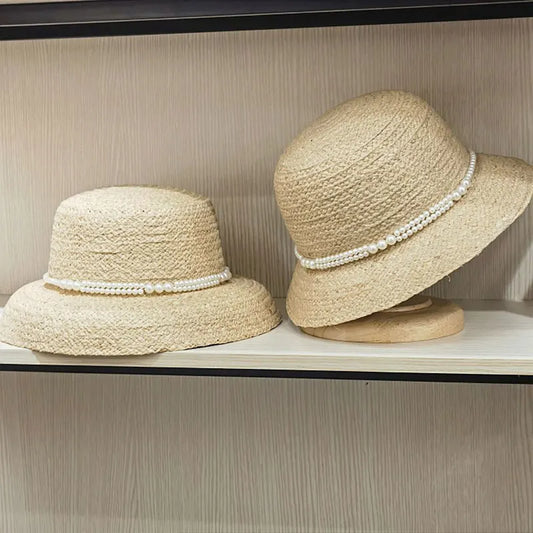 Women Cloche Straw Hat, Boho Pearl Bucket Hat