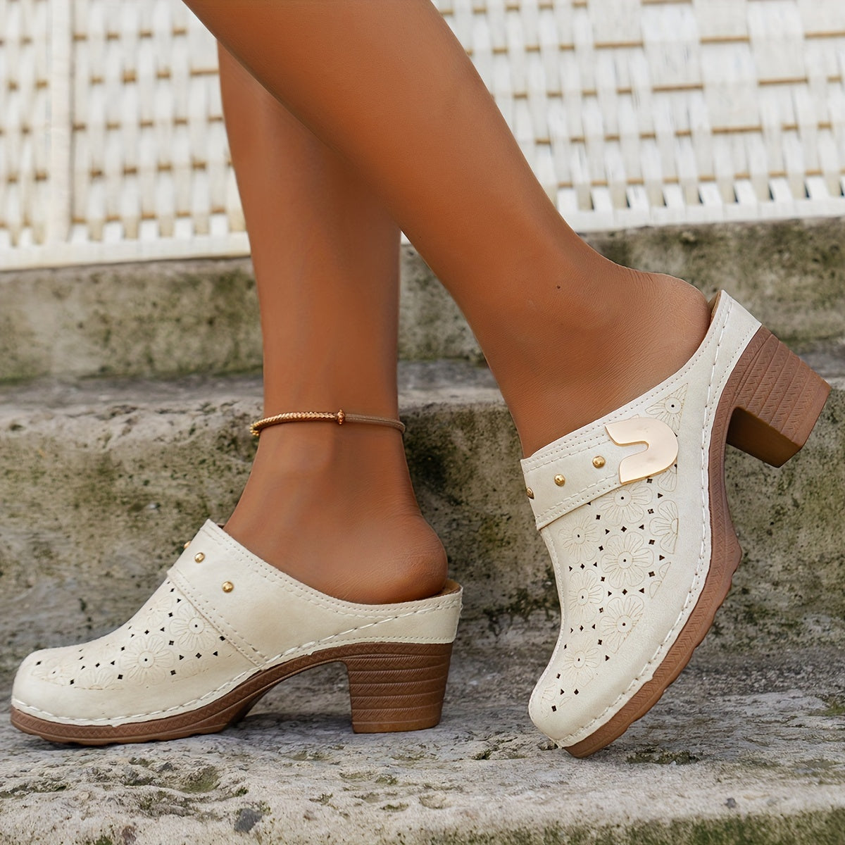 Women's Floral Pattern Clogs, Soft Sole Walking Mules With Chunky Heel Shoes