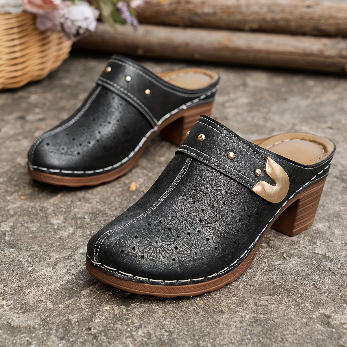 Women's Floral Pattern Clogs, Soft Sole Walking Mules With Chunky Heel Shoes