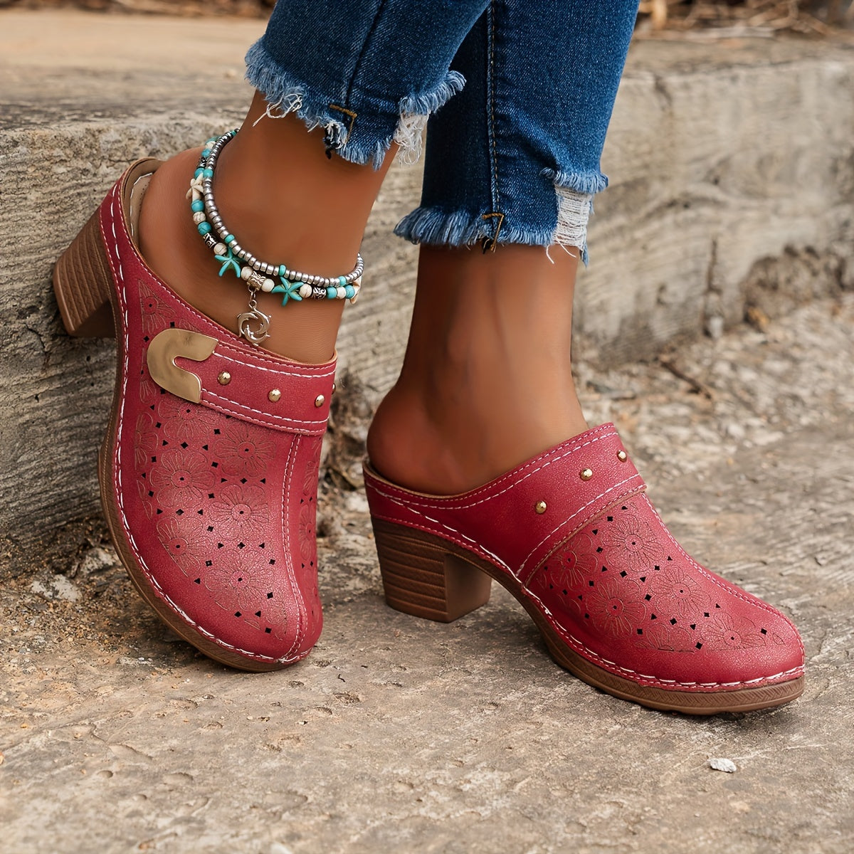 Women's Floral Pattern Clogs, Soft Sole Walking Mules With Chunky Heel Shoes
