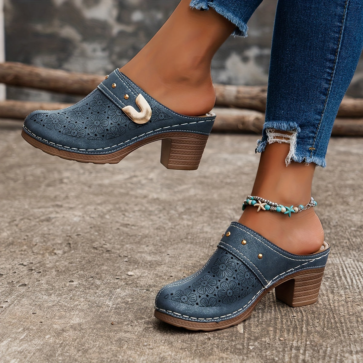 Women's Floral Pattern Clogs, Soft Sole Walking Mules With Chunky Heel Shoes
