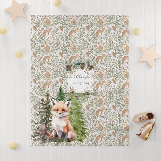 Baby shower invitation with fox design on a white background