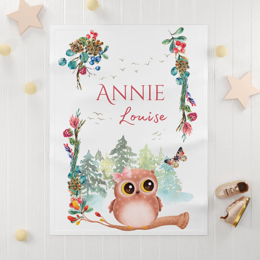Children's blanket with an owl, floral elements, and the name 'Annie Louise' on a white background.