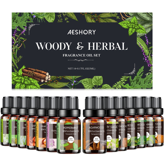 Woody & Herbal Essential Oils Set - TOP 14 Fragrance Oil for Diffusers
