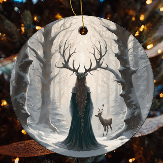 Yule Christmas Witch Round Christmas Ceramic Ornament, Earthly Yule Witch