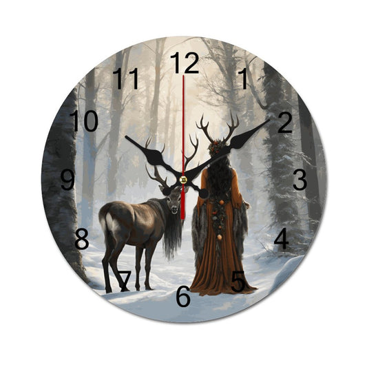 A wooden wall clock featuring a winter scene with a reindeer and a fantastical creature in a forest setting. The clock has black hands and numbers, with a white background.