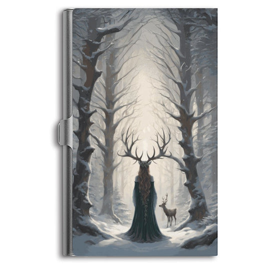 Yule Winter Witch Aluminum Business Card Holder: Witchy Folklore Gift