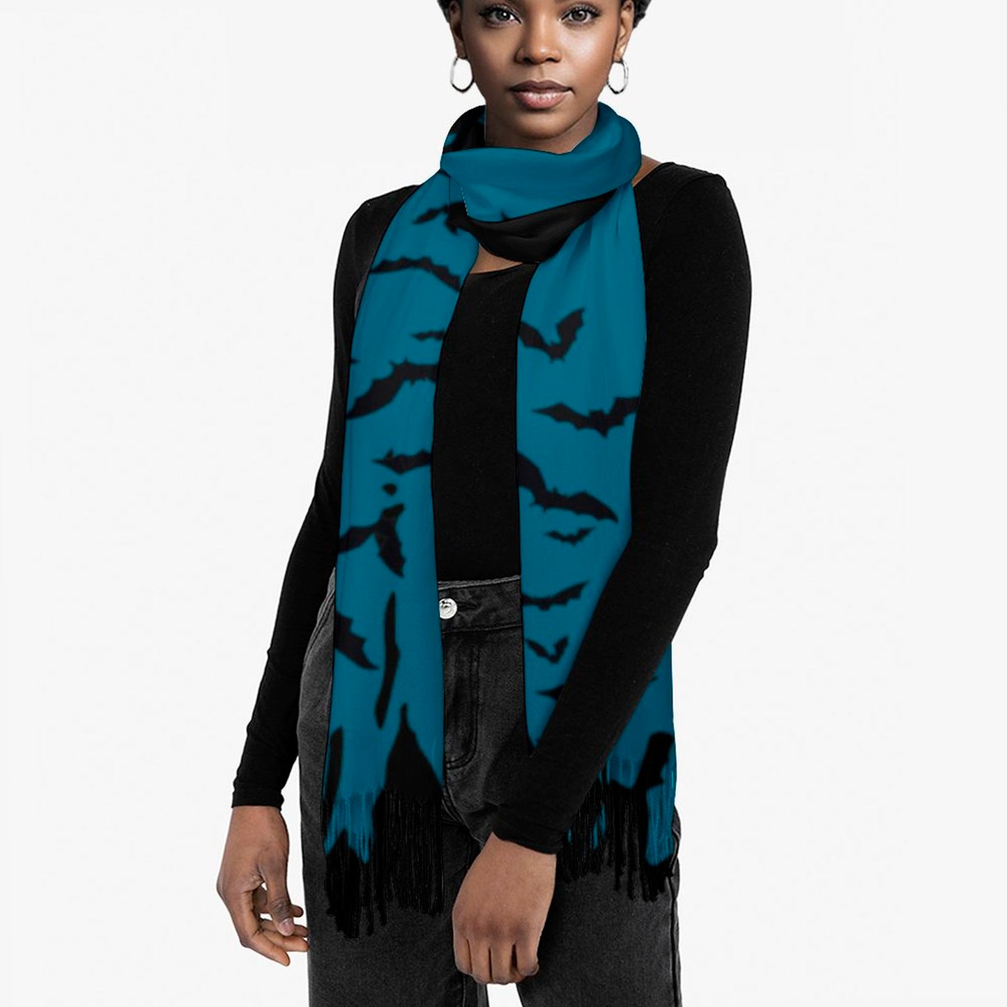 Cloud of Bats in Teal Cashmere-like Tassel Scarf (All-Over Printing)