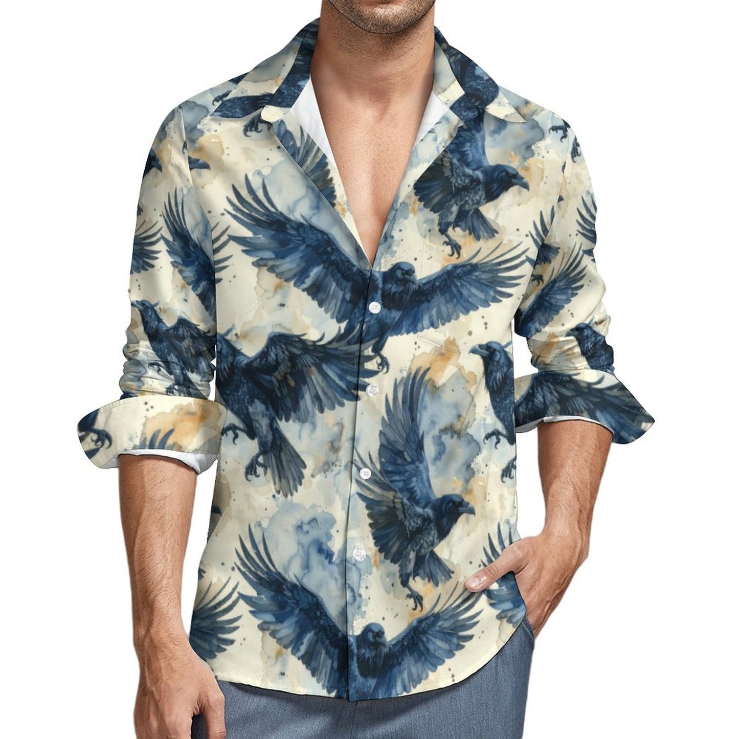 Crow's in Flight Faux Linen Men Long Sleeve Shirt with Pocket - Gothic Clothing