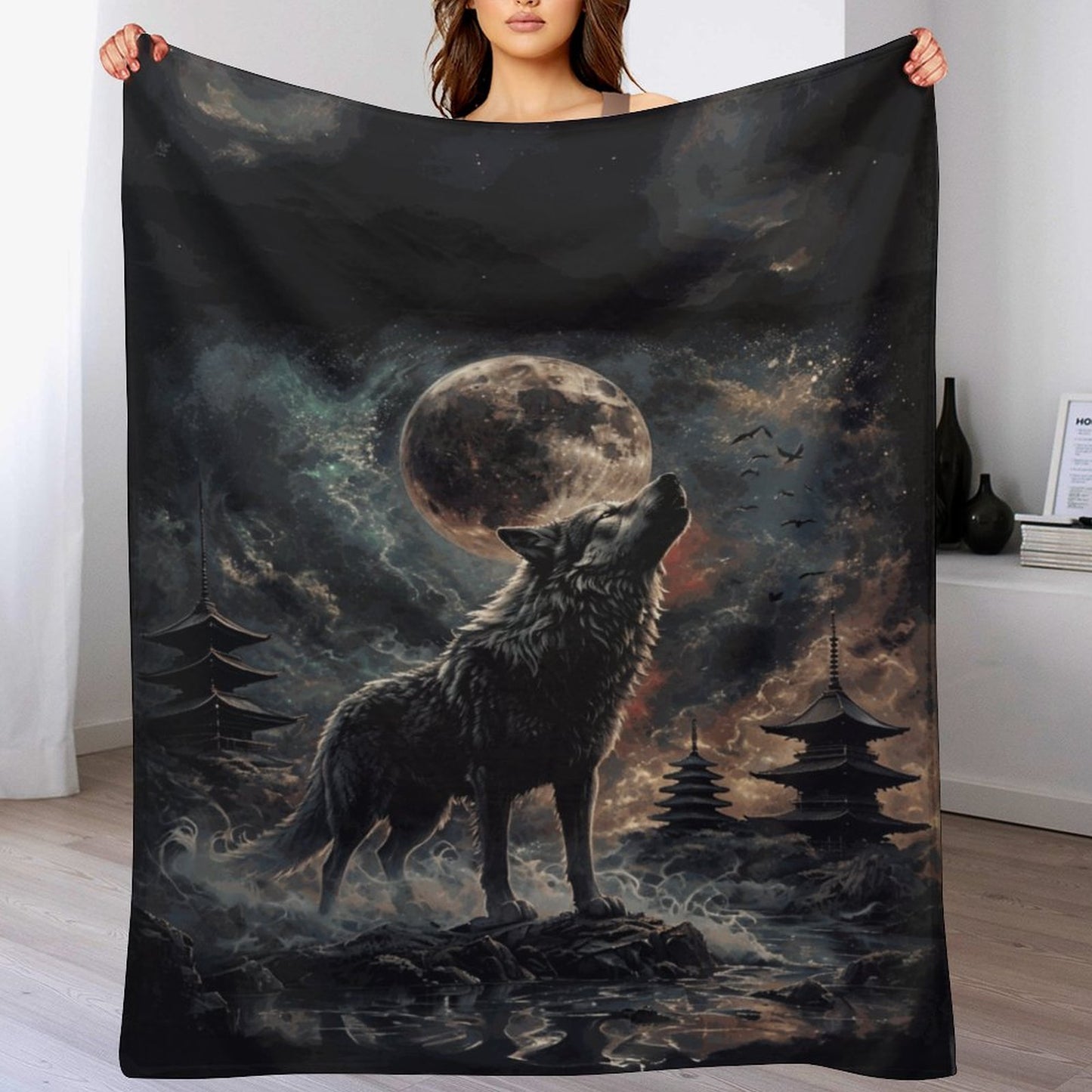 Viking Howling Wolf 280gsm Flannel Blanket-60"x80" (Dual-sided Printing)