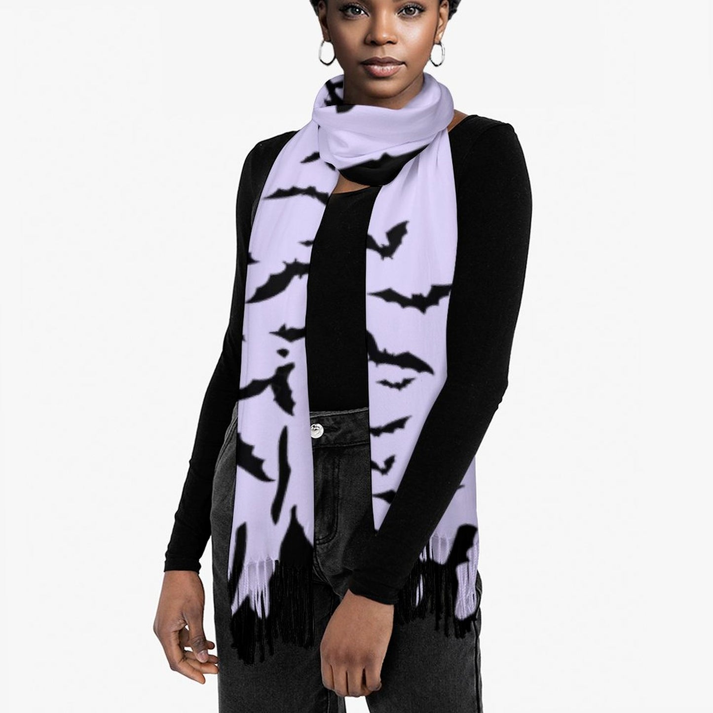 Cloud of Bats in Lavender Cashmere-like Tassel Scarf (All-Over Printing)