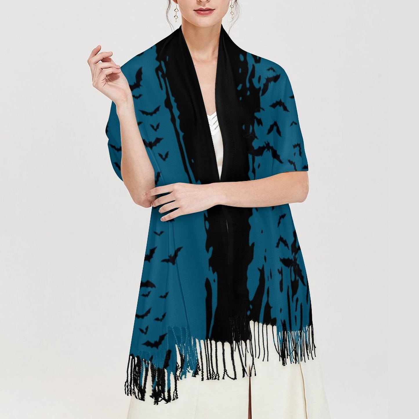 Cloud of Bats in Teal Cashmere-like Tassel Scarf (All-Over Printing)