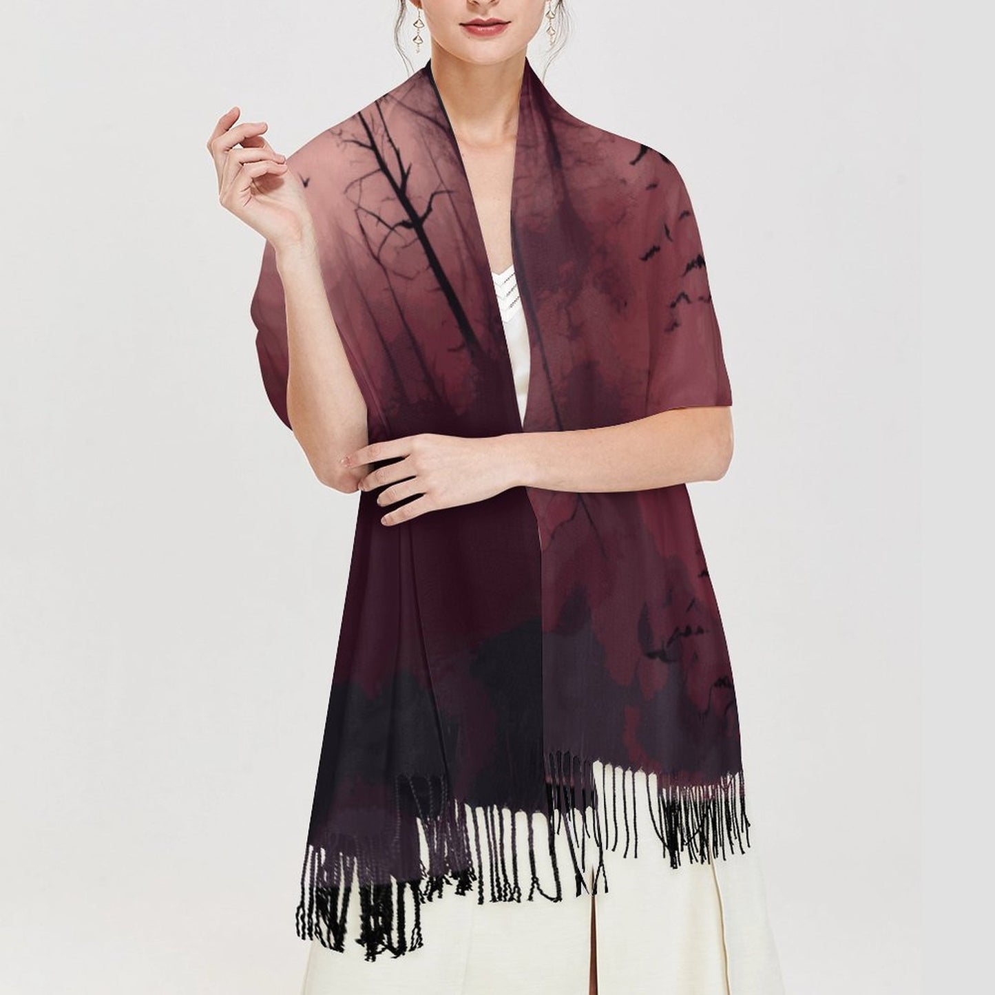 Cloud of Bats in Oxblood Forest Cashmere-like Tassel Scarf (All-Over Printing)