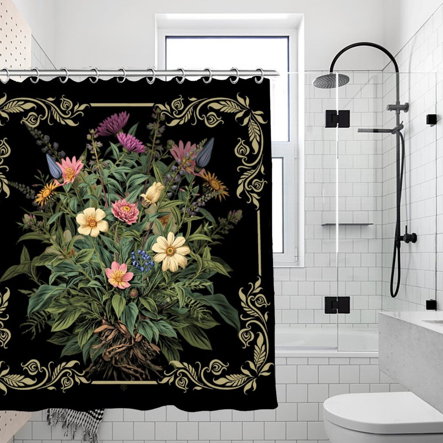 Black Poisonous Witchcraft Floral Waterproof Shower Curtain - Witchy Accessory