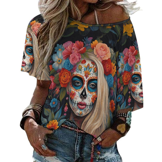 Day of the Deads Wildflower 180gsm Women’s Off the Shoulder Half-Sleeve T-shirt BAT (All-Over Printing)