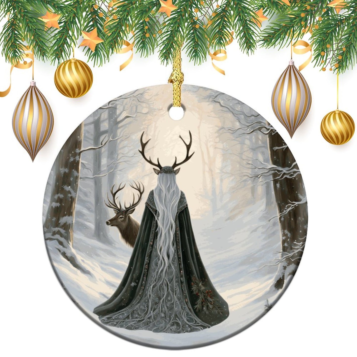 Winter Yule Witch Round Christmas Ceramic Ornament