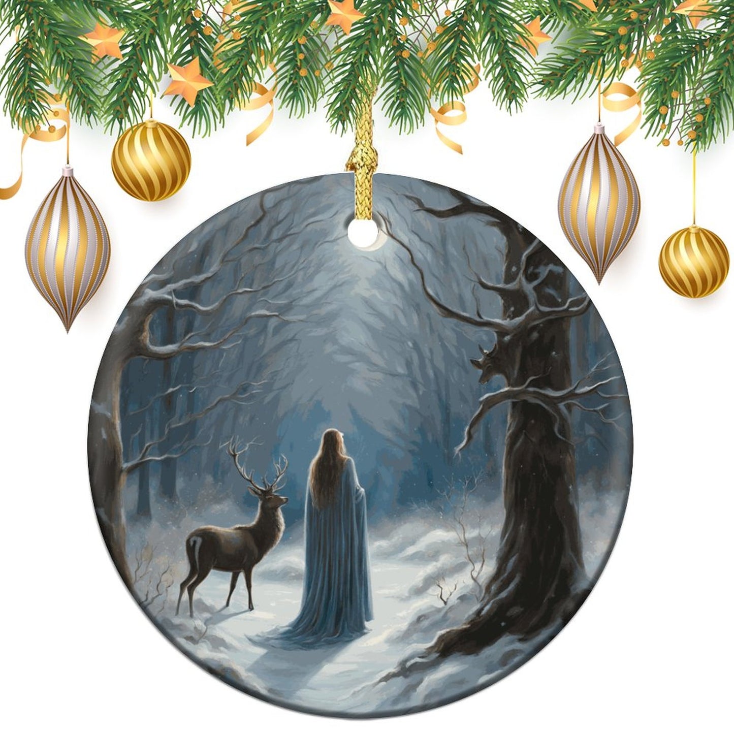 Yule Moon Round Christmas Ceramic Ornament